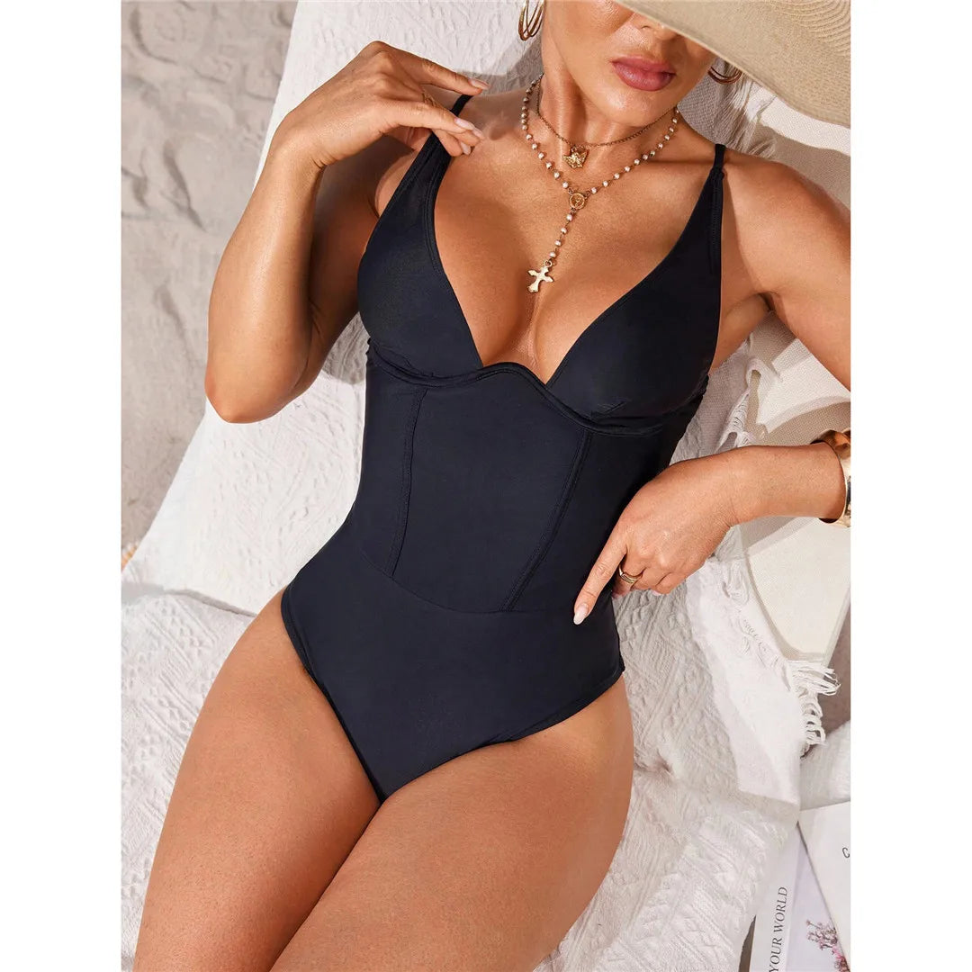 S - XL V Neck Tummy Control Women Swimwear One Piece Swimsuit Female Lace Up High Leg Cut Padded Bather Bathing Suit Swim V7547