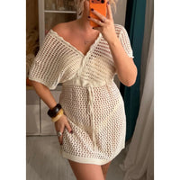 2026 Short Sleeve V Neck Hollow Out Crochet Knitted Tunic Beach Cover Up Cover-ups Beach Dress Beach Wear Beachwear Female V8152