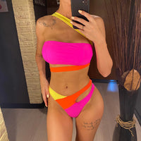 Sexy Splicing Asymmetric One Shoulder Bikini Female Swimsuit Women Swimwear Two-Pieces Bikini Set Bather Bathing Suit Swim V5395