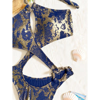 Sexy Tummy Cut Out Leopard Snakeskin Women Swimwear One Piece Swimsuit Female Halter High Cut Leg Bather Bathing Suit Swim V7972