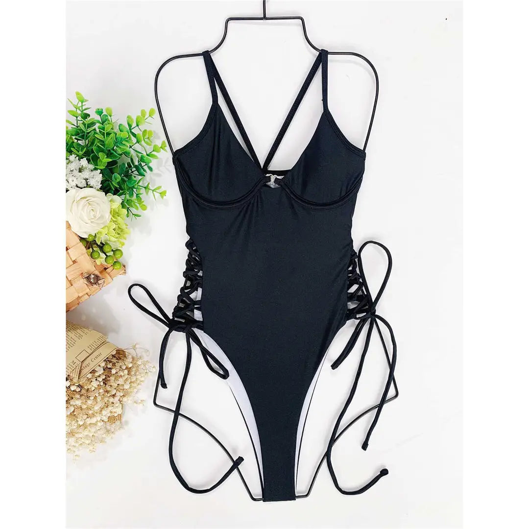 Sexy Lace Up Underwired One Piece Swimsuit Women Swimwear Female Backless Monokini Bather Bathing Suit Swim Lady V2906C