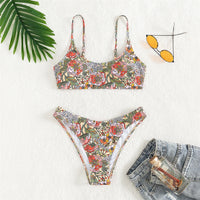 Floral Printed Brazilian Mid Waist Bikini Women Swimwear Female Swimsuit Two-Pieces Bikini Set Bather Bathing Suit Swim V5002