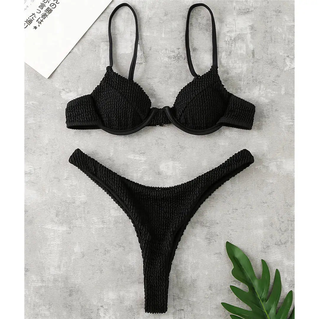 New Ribbed Underwired High Cut Bikini Swimsuit Female Swimwear Women Two-Pieces Bikini Set Thong Bather Bathing Suit Swim V2697B