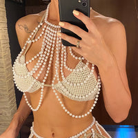 Luxury Pearls Halter See Through Bikini Top Female Swimsuit Women Swimwear Bather Bathing Suit Swim Hollow Out Beach Top V5407