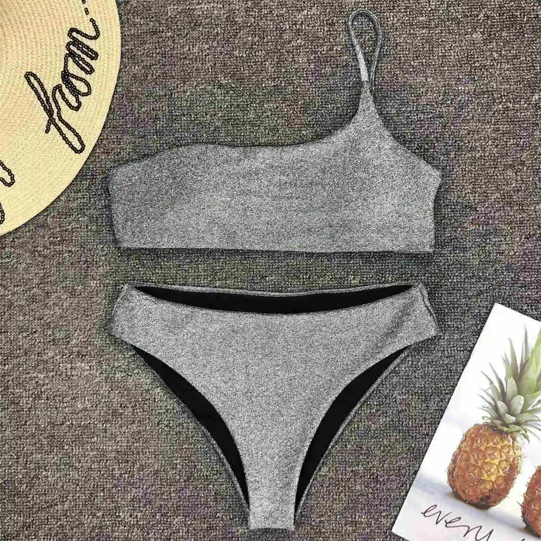 Shiny Glitter Sparkling High Waist Bikini Female Swimsuit Women Swimwear Two-Pieces Bikini Set One Shoulder Bathing Suit V1264
