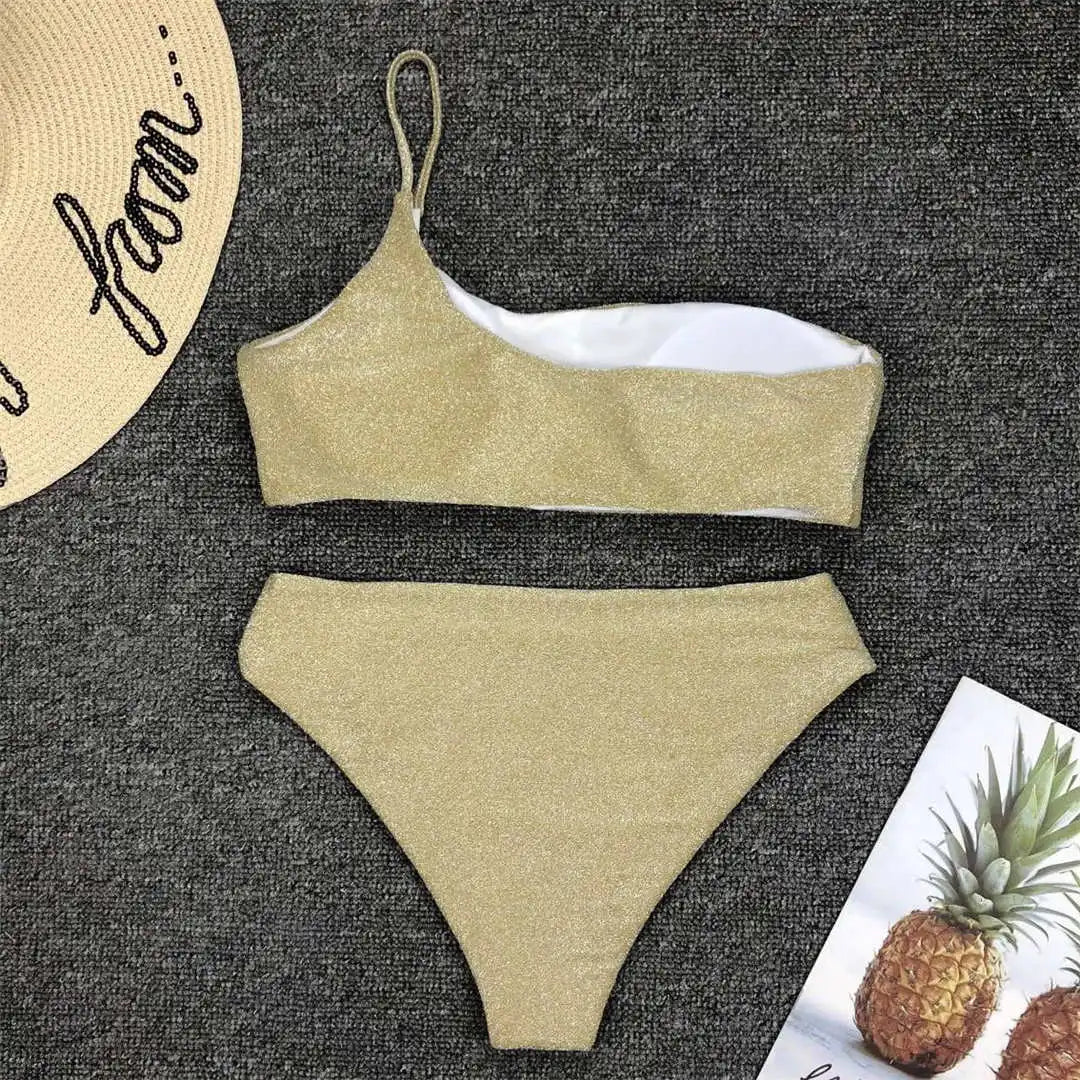 Shiny Glitter Sparkling High Waist Bikini Female Swimsuit Women Swimwear Two-Pieces Bikini Set One Shoulder Bathing Suit V1264