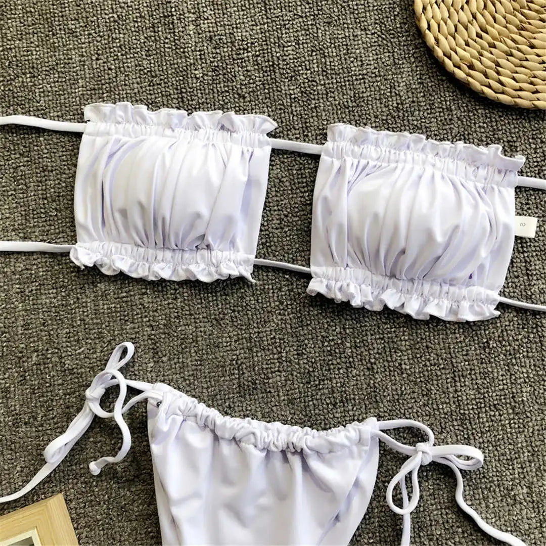 Sexy Leopard Bandeau Brazilian Bikini Swimsuit Female Swimwear Women Two-Pieces Bikini Set Pleated Bather Bathing Suit V1242L