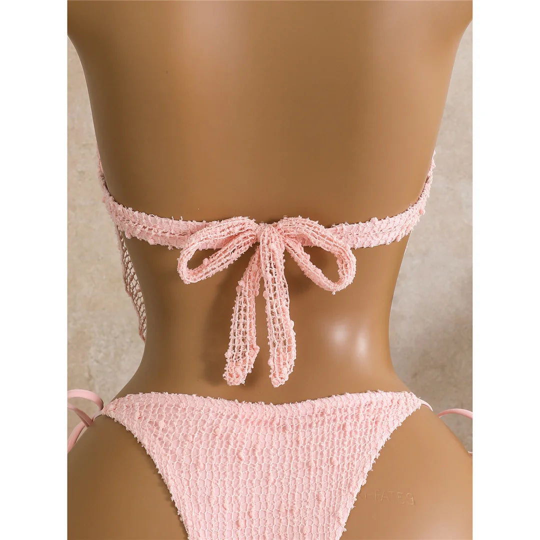 New Hollow Out Tankini Halter Bikini Female Swimsuit Women Swimwear Two-Pieces Bikini Set Strappy Bather Bathing Suit Swim V8076