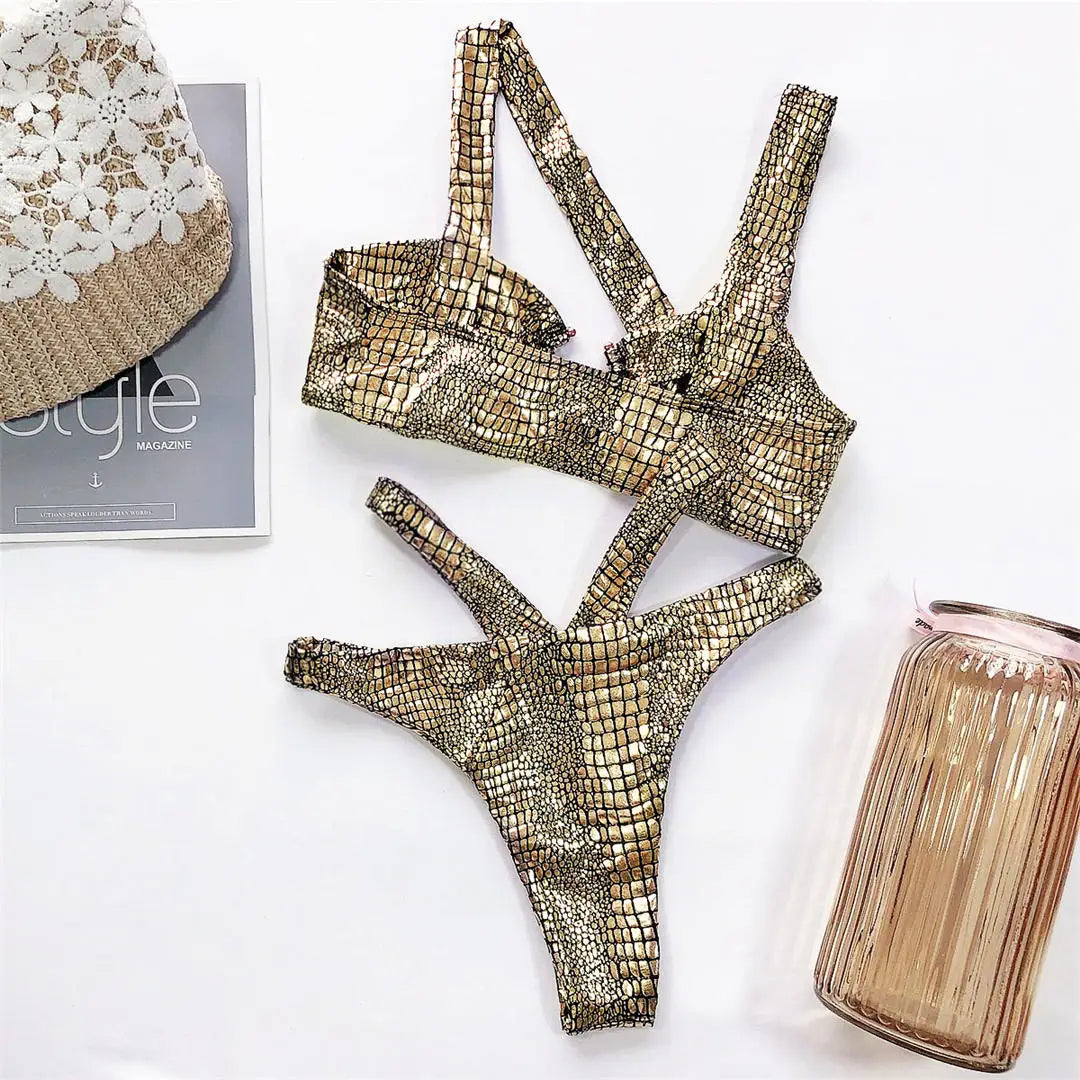 Sexy Snake Printed Asymmetric Bikini Female Swimsuit Women Swimwear Two-Pieces Bikini Set Strappy Bather Bathing Suit Swim V1923
