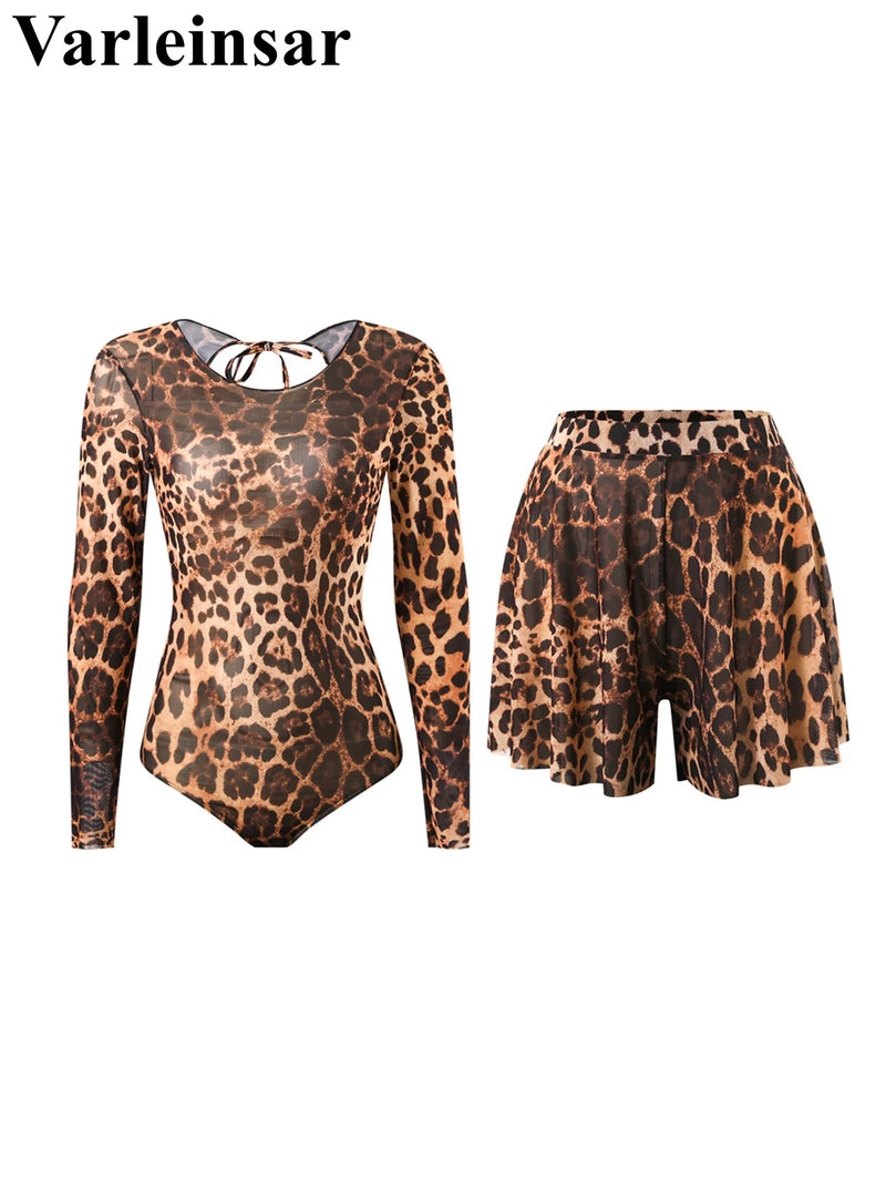 S - XXL New Sexy With Shorts Leopard Long Sleeve One Piece Swimsuit Women Swimwear Female Padded Bather Bathing Suit Swim V7348