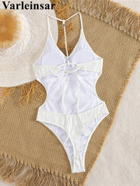 S - XL Sexy Pearls Wrinkled V Neck Women Swimwear One Piece Swimsuit Female Backless High Cut Leg Bather Bathing Suit Swim V7720