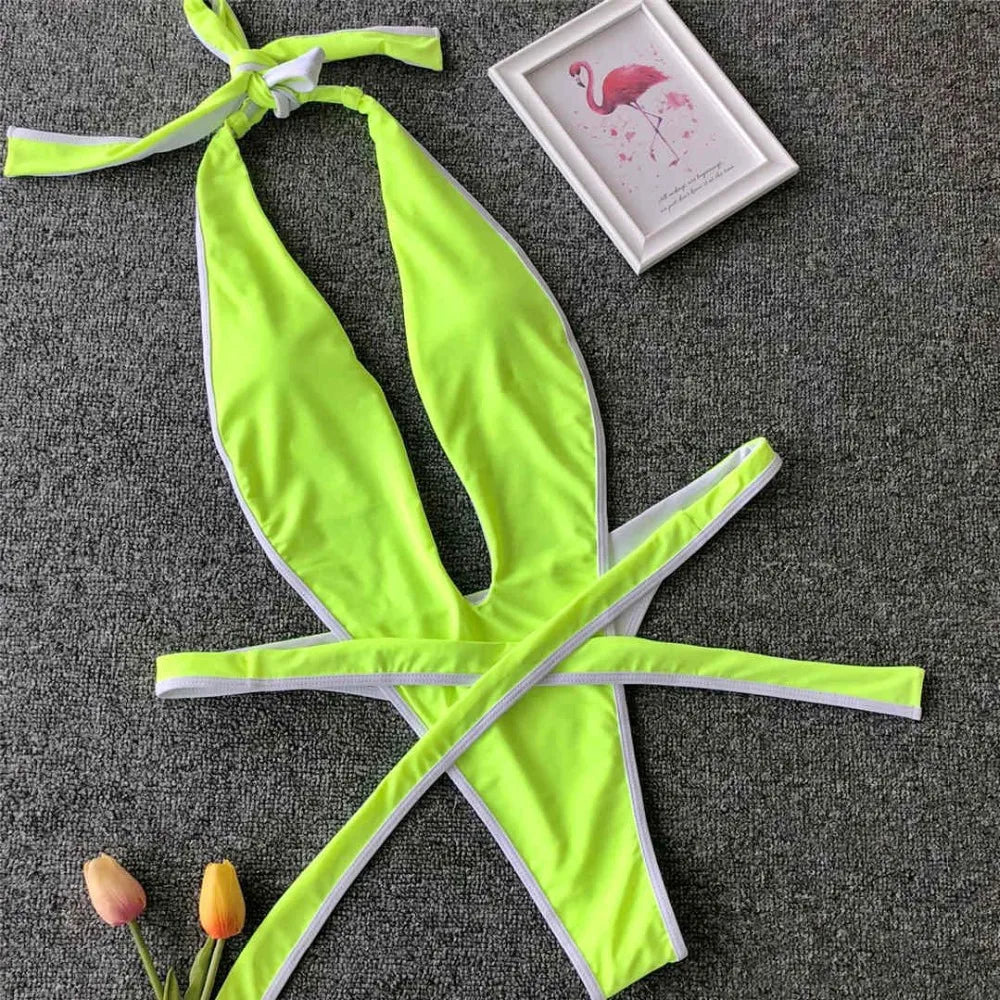 2026 Neon Green Women Swimwear High Cut Backless One Piece Swimsuit Female Bather Sexy Halter Bathing Suit Swim Monokini V1336G