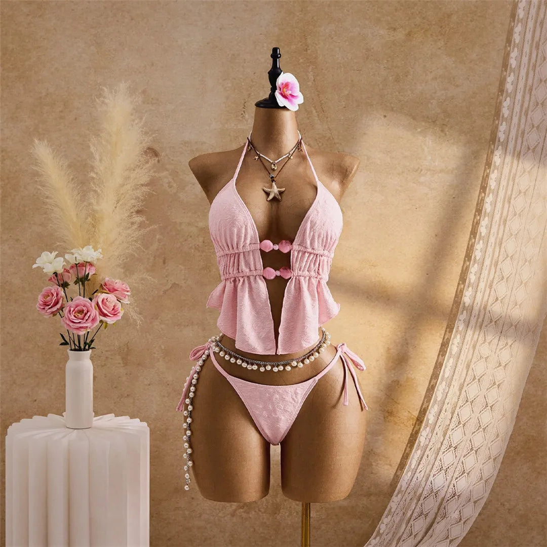 S - XL Wrinkled Bikini Halter Tankini Female Swimsuit Women Swimwear Two-Pieces Bikini Set Padded Bather Bathing Suit Swim V7819