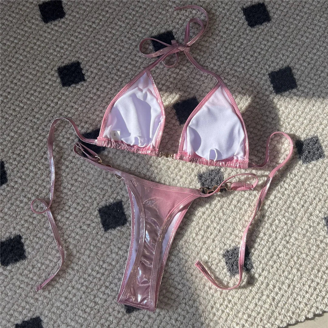 New PU Faux Leather Halter Mini Thong Bikini Female Swimsuit Women Swimwear Two-Pieces Bikini Set Bather Bathing Suit Swim V5206