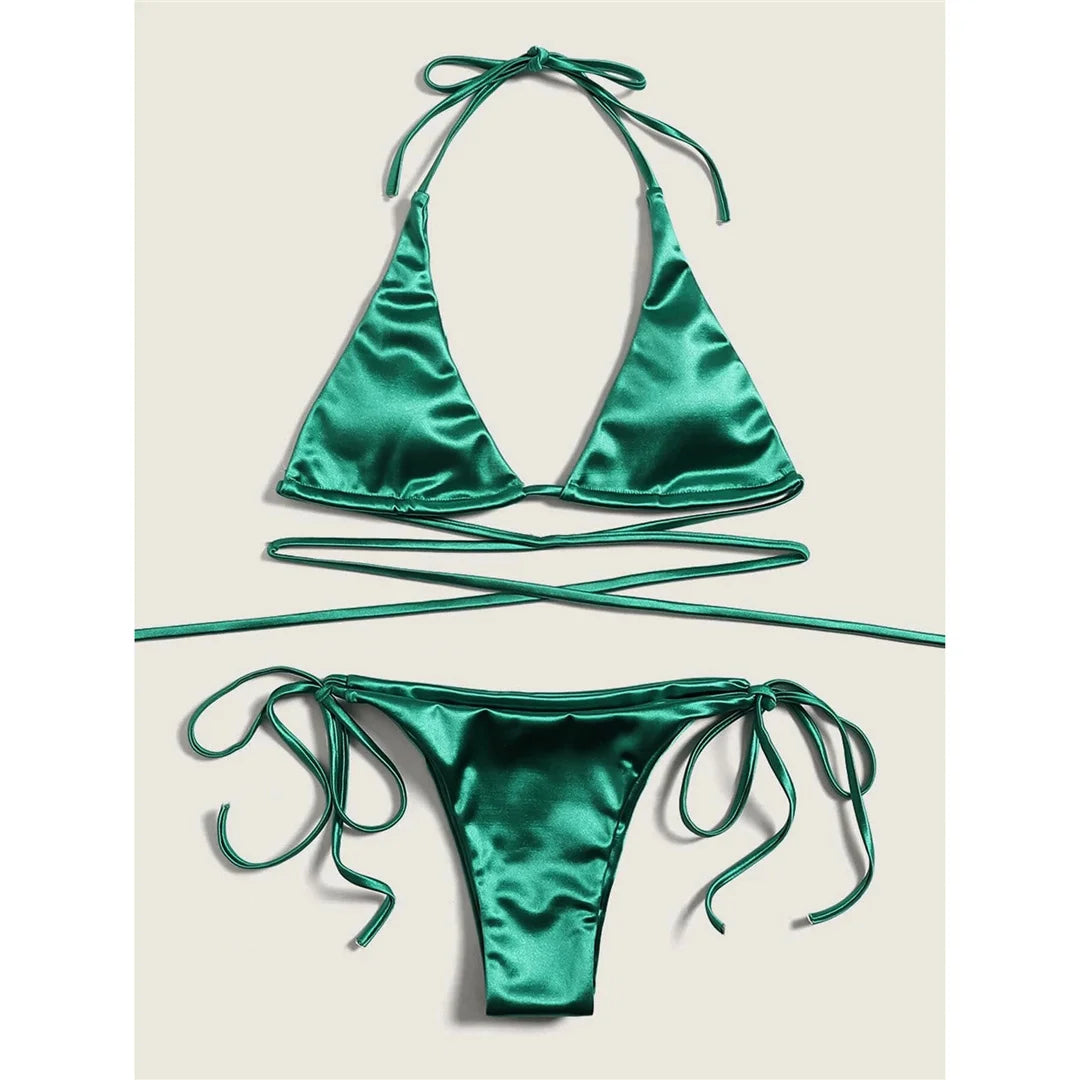 Sexy 13 Colors Halter Satin Brazilian Bikini Women Swimwear Female Swimsuit Two-Pieces Bikini Set Bather Bathing Suit Swim V4966