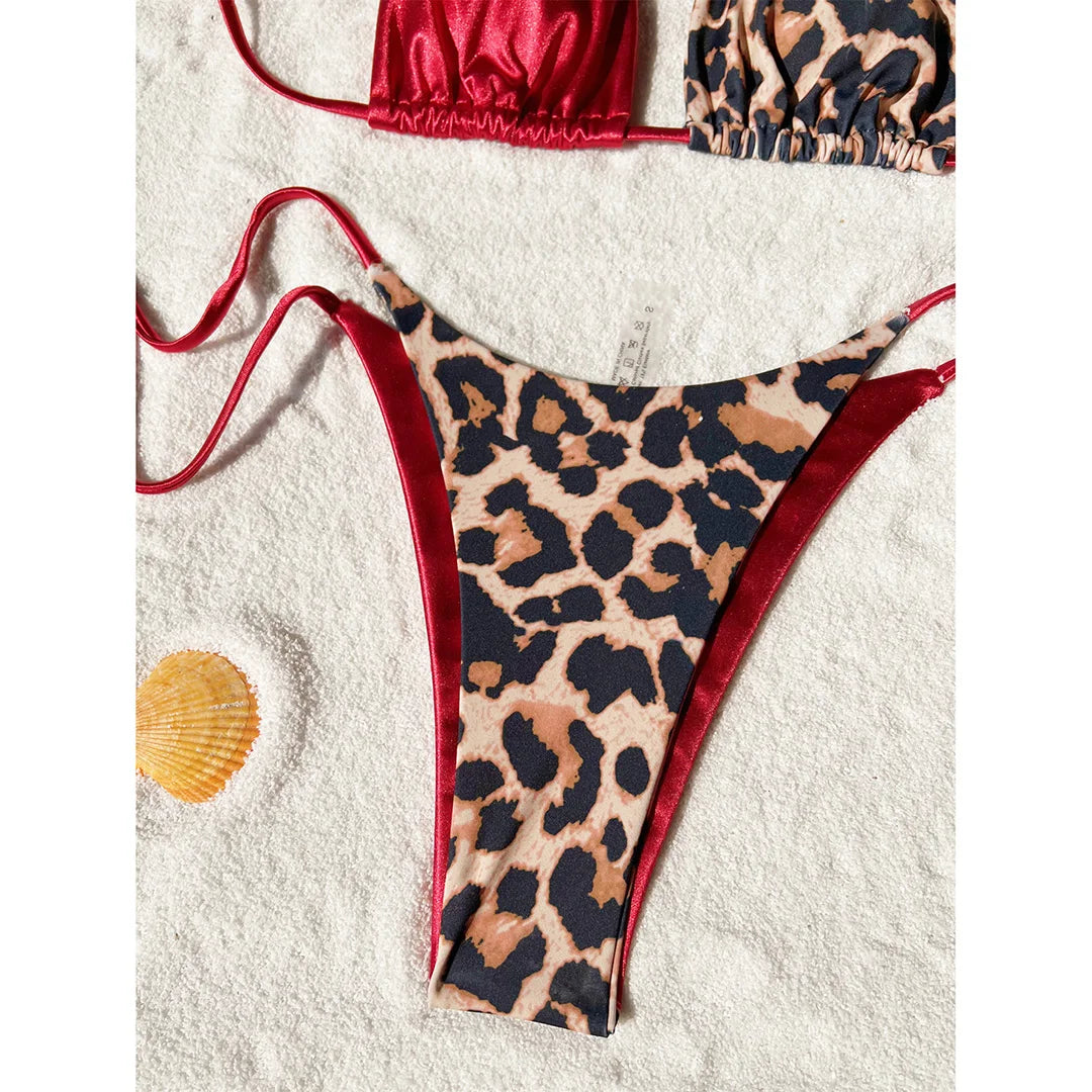 XS - L Leopard Halter Splicing Satin Bikini Female Swimsuit Women Swimwear Two-piece Bikini set Bather Bathing Suit Swim V4752SW