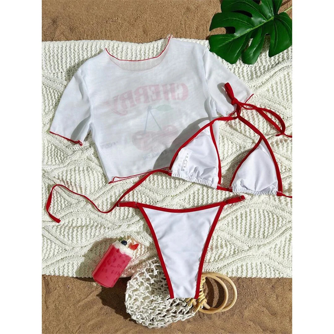 S -XL Cherry Printed Short Sleeve Bikini Female Swimsuit Women Swimwear Three-Pieces Bikini Set Bather Bathing Suit Swim V6854