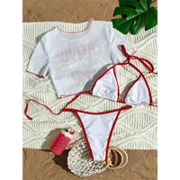 S -XL Cherry Printed Short Sleeve Bikini Female Swimsuit Women Swimwear Three-Pieces Bikini Set Bather Bathing Suit Swim V6854