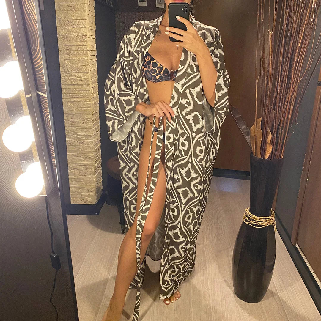 Printed Long Sleeve With Belt V Neck Beach Dress Beach Wear Beachwear Beach Cover Up Cover-upsWomen sunscreen clothing V6174