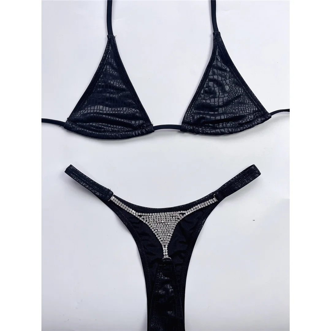 Diamond Rhinestones Mini Thong Halter Bikini Female Swimsuit Women Swimwear Two-Pieces Bikini Set Bather Bathing Suit Swim V6872