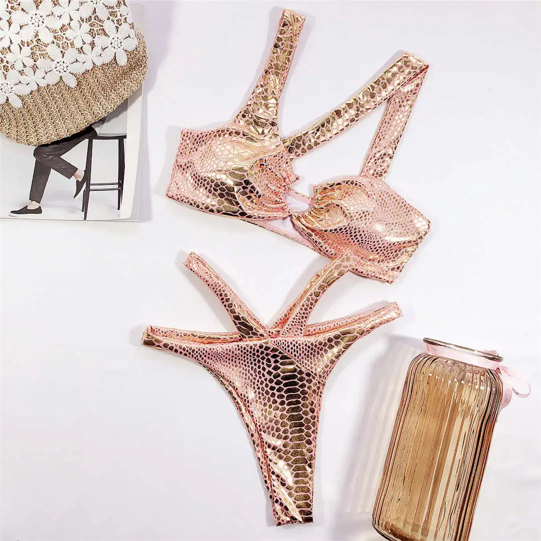 Sexy Snake Printed Asymmetric Bikini Female Swimsuit Women Swimwear Two-Pieces Bikini Set Strappy Bather Bathing Suit Swim V1923
