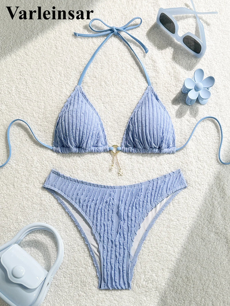 Wrinkled Halter Bikini Female Swimsuit Women Swimwear Two-Pieces Bikini Set Brazilian High Cut Bather Bathing Suit Swim V6209S