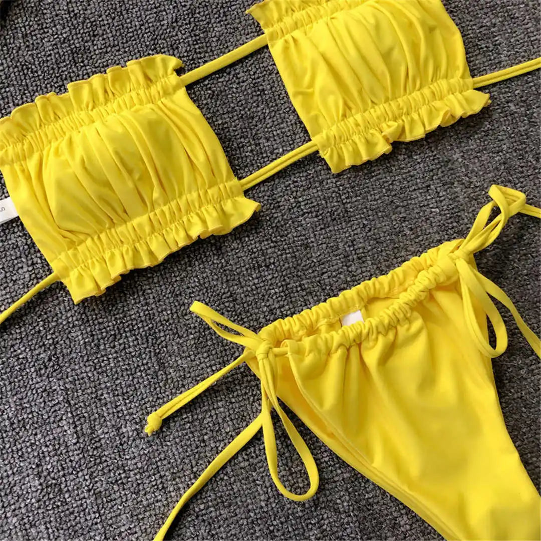 Sexy Leopard Bandeau Brazilian Bikini Swimsuit Female Swimwear Women Two-Pieces Bikini Set Pleated Bather Bathing Suit V1242L