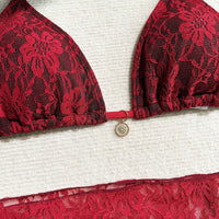 Mesh Sarong Lace Halter High Cut Bikini Female Swimsuit Women Swimwear Three-Pieces Bikini Set Bather Bathing Suit Swim V6284