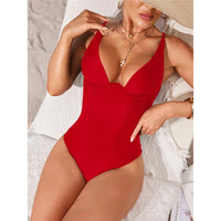 S - XL V Neck Tummy Control Women Swimwear One Piece Swimsuit Female Lace Up High Leg Cut Padded Bather Bathing Suit Swim V7547