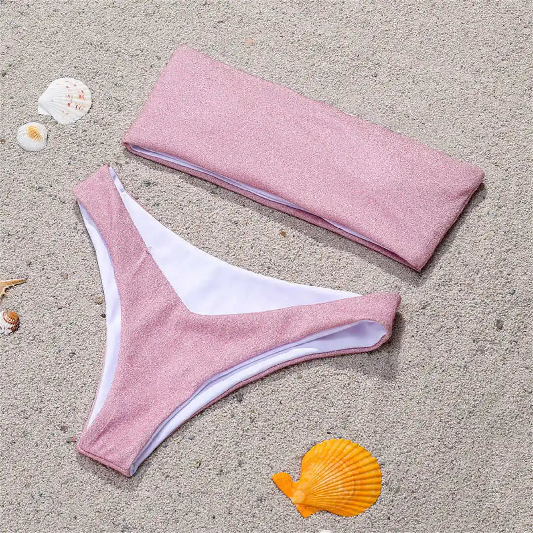 Glitter Sparkling Strapless Bikini Female Swimsuit Women Swimwear Two-Pieces Bikini Set Bandeau Bather Bathing Suit Swim V2236