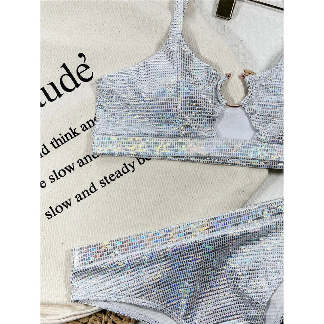 New Shiny Sequins High Waist Bikini Female Swimsuit Women Swimwear Two-Pieces Bikini Set Padded Bather Bathing Suit Swim V4213