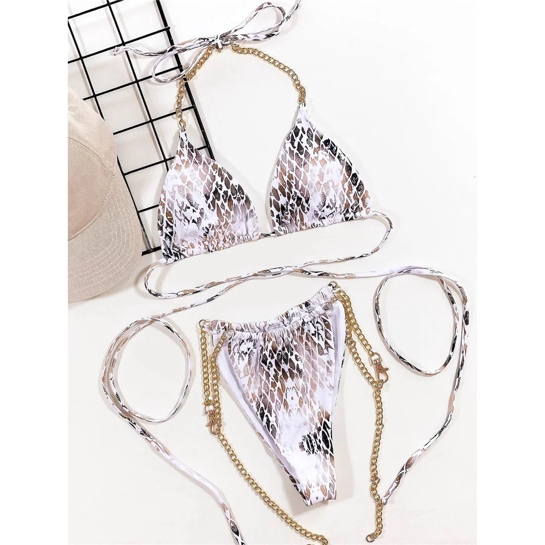Snake Skin Printed Metal Chain Halter Bikini Women Swimwear Female Swimsuit Two-Pieces Bikini Set Bather Bathing Suit Swim V3233