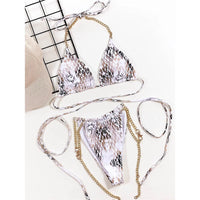 Snake Skin Printed Metal Chain Halter Bikini Women Swimwear Female Swimsuit Two-Pieces Bikini Set Bather Bathing Suit Swim V3233
