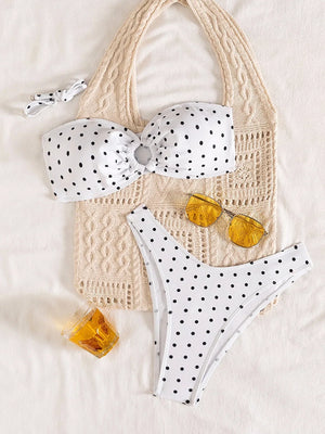Bikini bandeau à anneau brésilien blanc à pois noirs