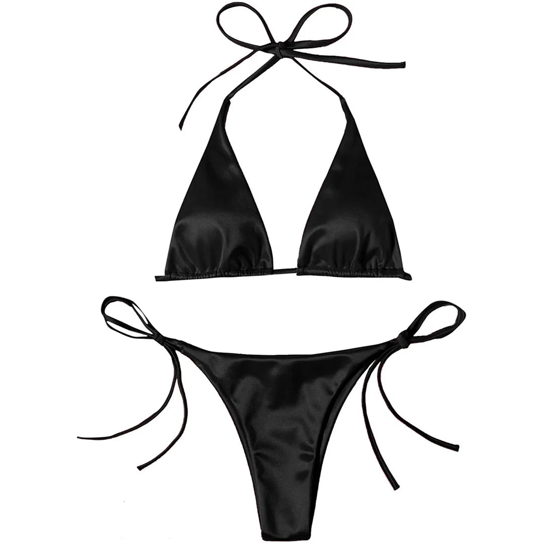 Sexy 13 Colors Halter Satin Brazilian Bikini Women Swimwear Female Swimsuit Two-Pieces Bikini Set Bather Bathing Suit Swim V4966