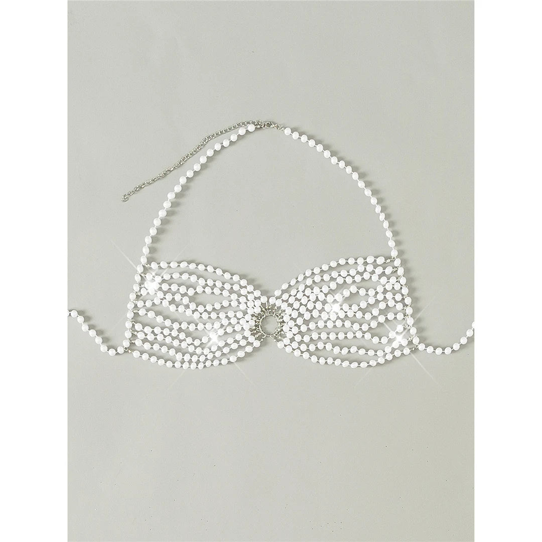 Luxury Pearls Halter See Through Bikini Top Female Swimsuit Women Swimwear Bather Bathing Suit Swim Hollow Out Beach Top V5407