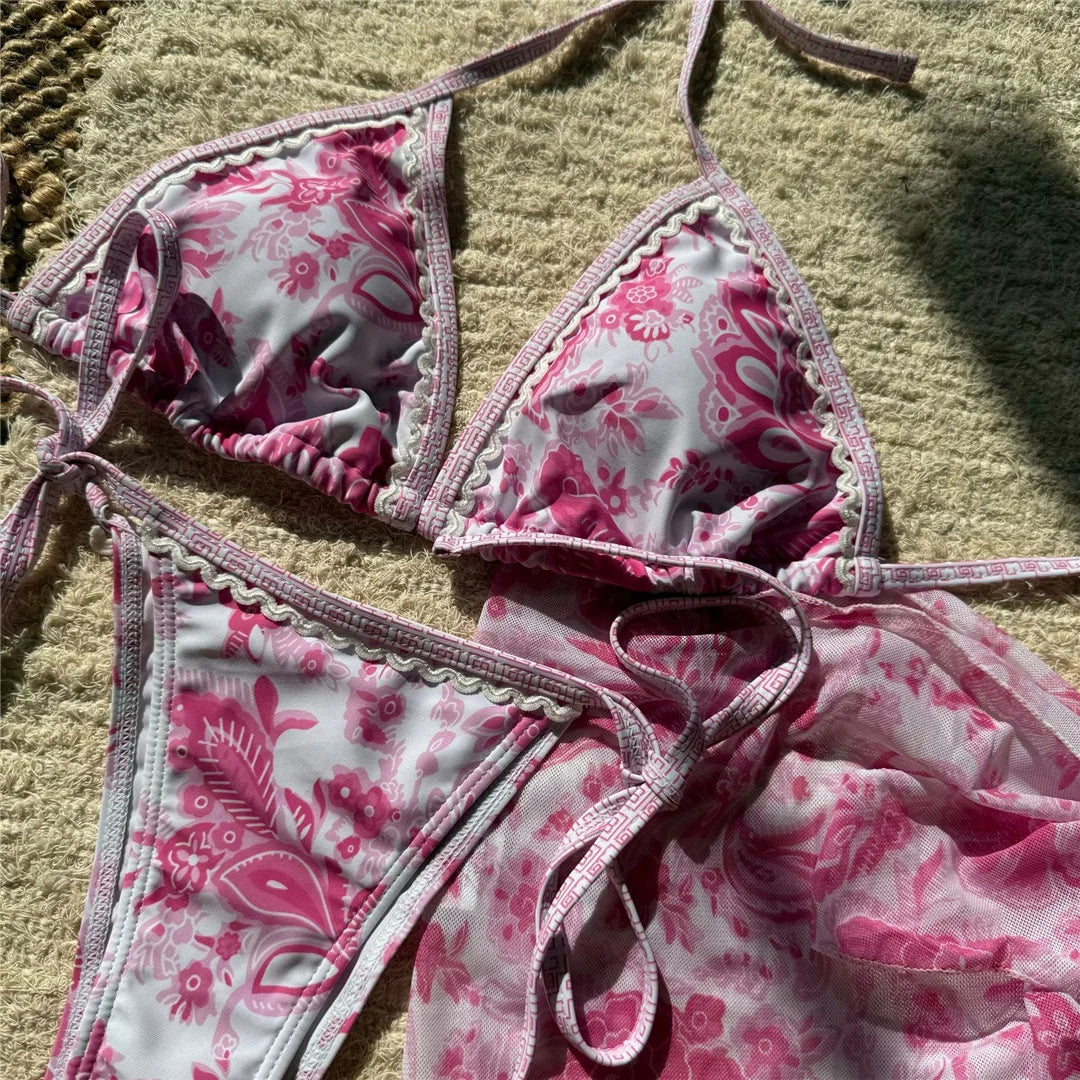 With Sarong Printed Halter Bikini Women Swimwear Female Swimsuit Three-Pieces Bikini Set Padded Bather Bathing Suit Swim V6966