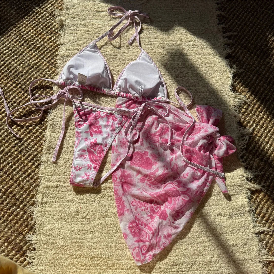 With Sarong Printed Halter Bikini Women Swimwear Female Swimsuit Three-Pieces Bikini Set Padded Bather Bathing Suit Swim V6966