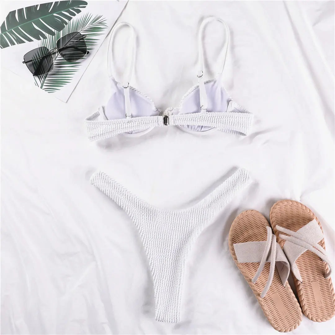 New Ribbed Underwired High Cut Bikini Swimsuit Female Swimwear Women Two-Pieces Bikini Set Thong Bather Bathing Suit Swim V2697B